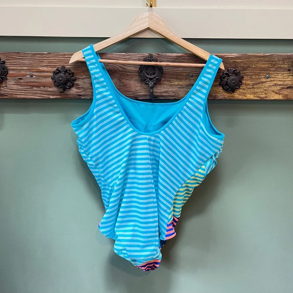 Lands End‎ Womens 20W One Piece Swimsuit Blue Striped Colorblock Scoop Neck NEW